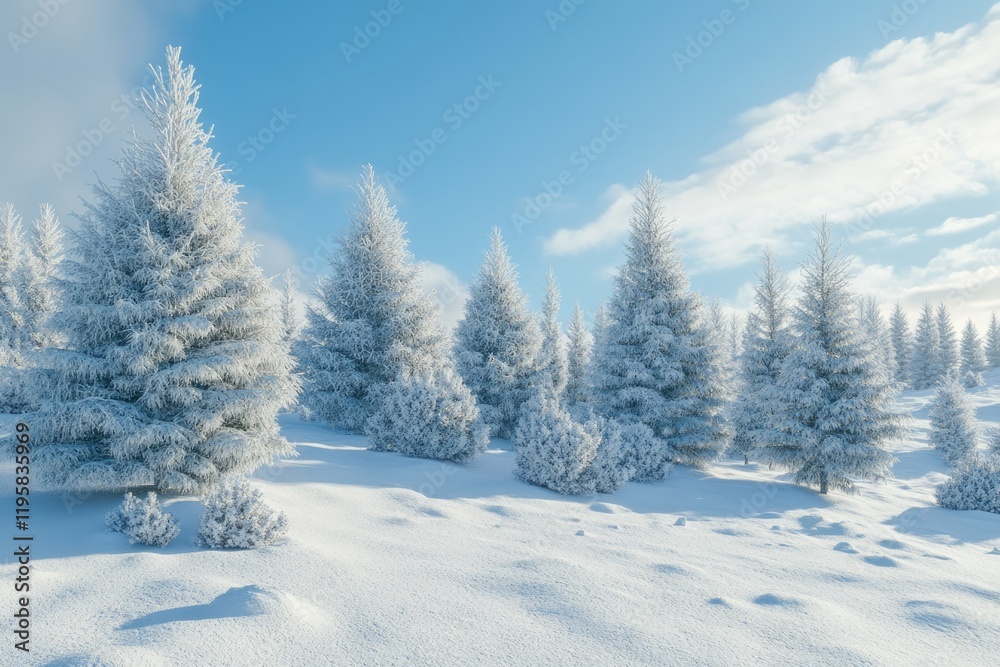 winter snow covered fir trees on mountainside on blue sky background winter snow covered fir trees on mountainside on blue sky background
