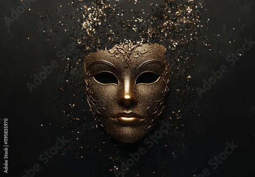 Carnival mask in gold with room for text, suitable for Carnival, Mardi Gras, or Brazilian carnival themes photo