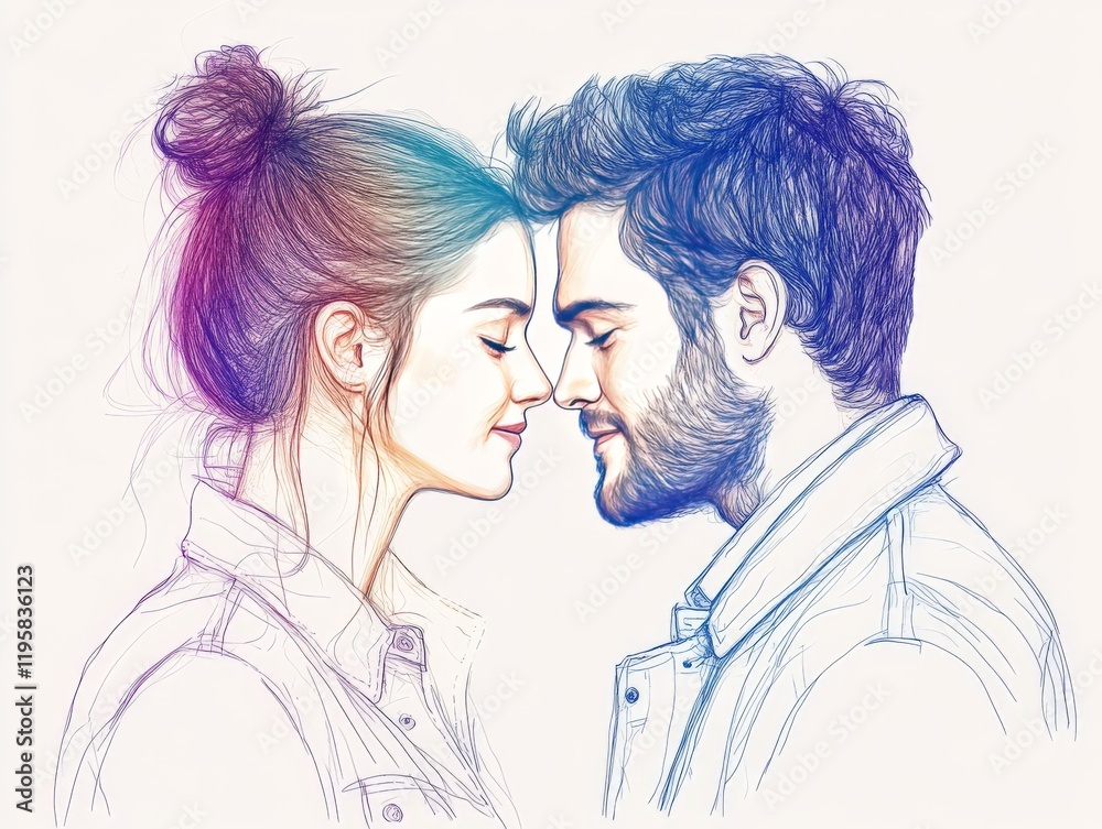 Hand drawn illustration of a couple in close proximity sharing an intimate gaze with serene pastel tones and minimalistic artistic details Hand drawn illustration of a couple in close proximity sharing an intimate gaze with serene pastel tones and minimalistic artistic details
