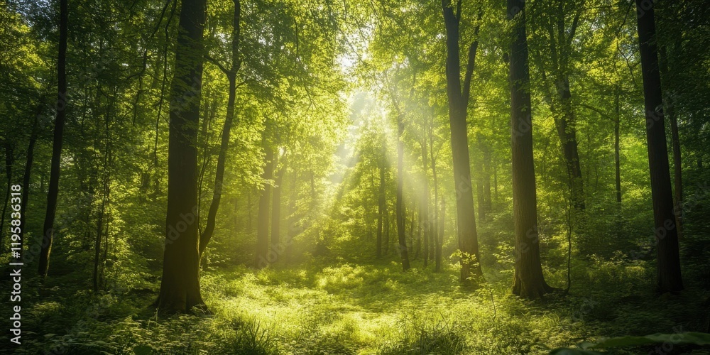 Obraz premium Gentle rays of sunlight pierce through the vibrant green leaves, illuminating the peaceful forest where nature thrives in the early morning light