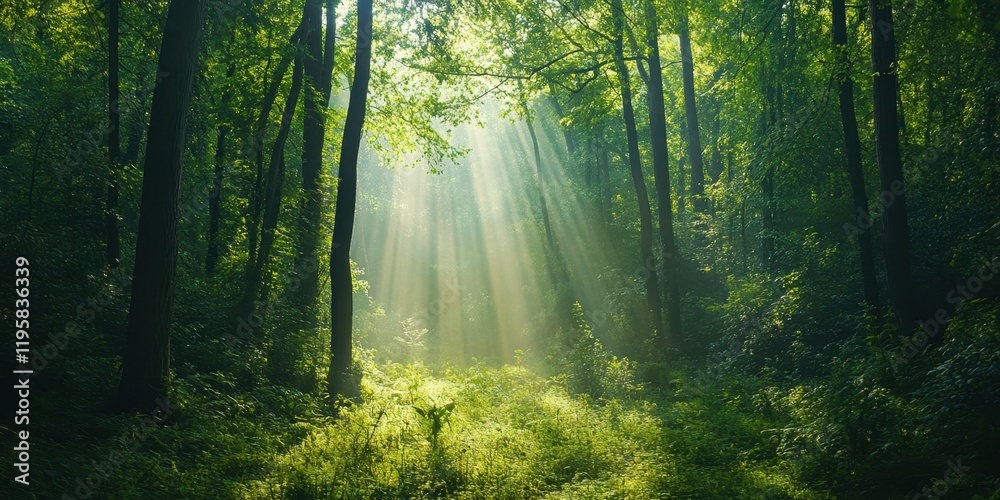 Fototapeta premium Morning light streams through the trees in a tranquil forest, illuminating lush greenery and creating a peaceful environment for exploration and reflection