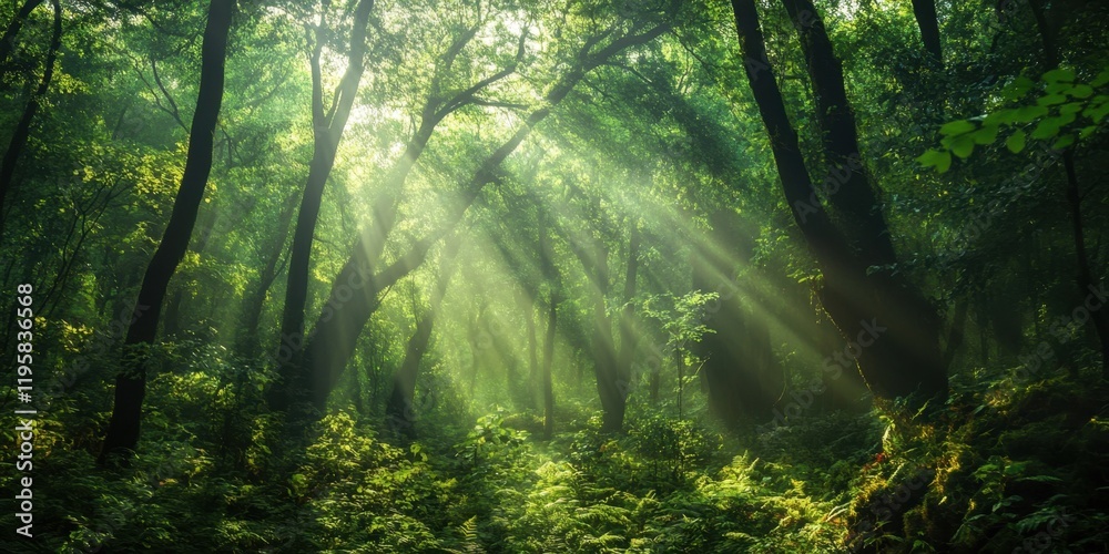 Obraz premium Bright rays of sunlight shine through the lush foliage in a vibrant forest, illuminating the serene landscape filled with greenery and shadows