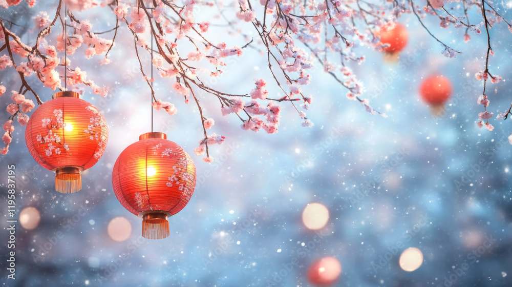 Fototapeta premium Decorative red lanterns hang among cherry blossoms during winter festivities