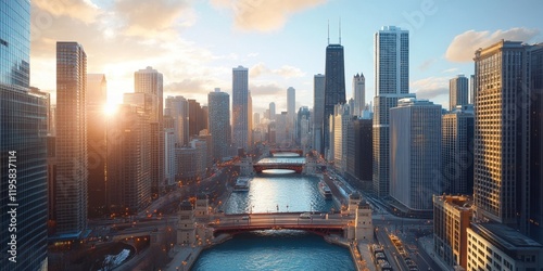 Golden sunlight reflects off skyscrapers and the Chicago River, as the city skyline creates a stunning view of bridges and urban life in the early evening