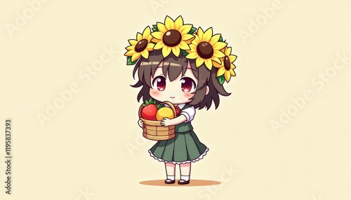 4K HD Wallpaper of Anime chibi girl with a sunflower crown, holding a basket of fruits. Anime Background. HD Backgrounds