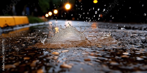 A splash of rainwater on a street at night, captured as droplets dance under streetlights, creating a serene yet dynamic urban scene. photo