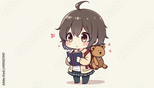 4K HD Wallpaper of Anime chibi character with a teddy bear backpack, holding a book and looking thoughtful. Anime Background. HD Backgrounds