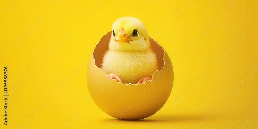 A small, fluffy chick emerges from a cracked eggshell against a vibrant yellow backdrop, symbolizing new beginnings and life