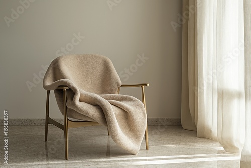 Beige boucle fabric lounge chair with brass legs and armrests, draped in soft beige cashmere blanket against neutral background with morning light. Minimalist furniture design, luxurious interior.
