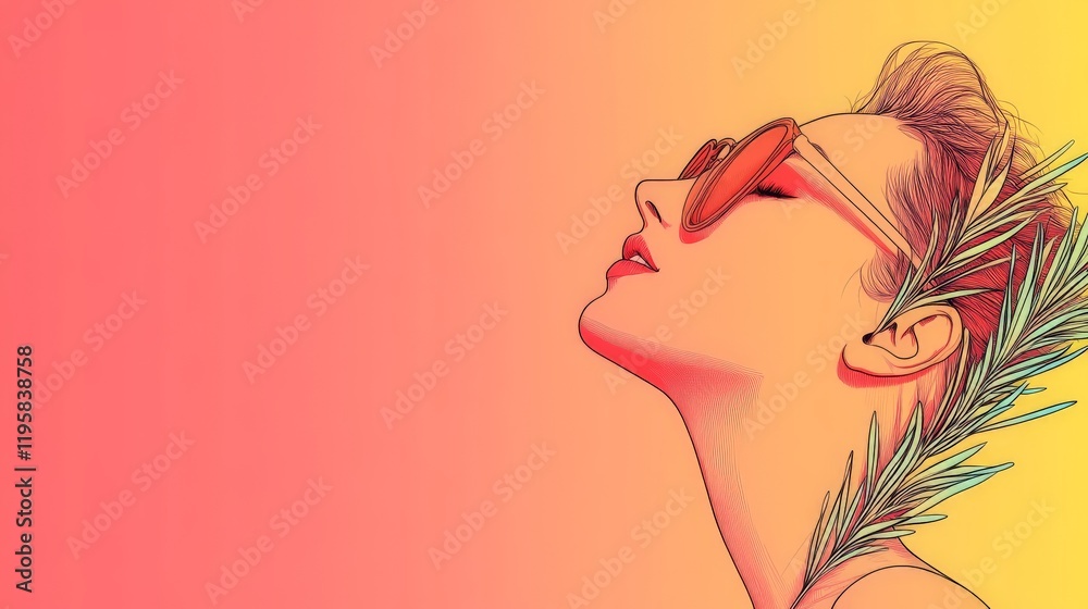 Vibrant illustration of a woman with bold red sunglasses and a floral tattoo on her neck set against a gradient background of warm pinks and oranges for a striking modern aesthetic Vibrant illustration of a woman with bold red sunglasses and a floral tattoo on her neck set against a gradient background of warm pinks and oranges for a striking modern aesthetic