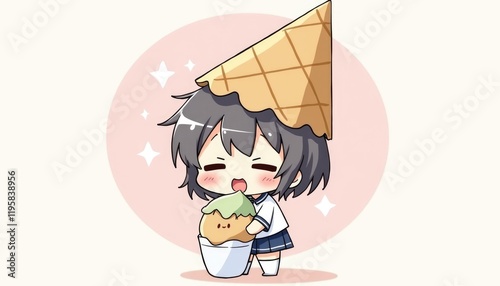 4K HD Wallpaper of Anime chibi character with an ice cream cone hat, happily licking the ice cream. Anime Background. HD Backgrounds