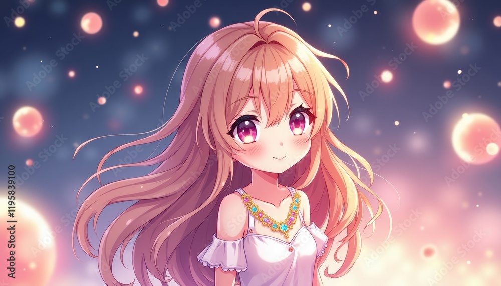 4K HD Wallpaper of Anime chibi girl with a sparkling necklace, surrounded by glowing bubbles. Anime Background. HD Backgrounds