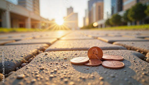 Lucky penny on sidewalk during sunset, urban fortune symbolism