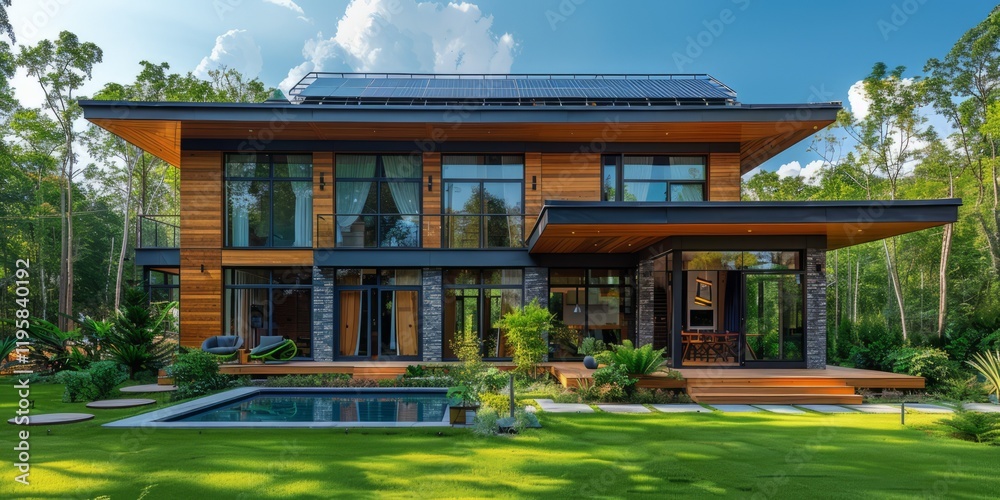 Modern eco-friendly house with large glass windows, wooden accents, and solar panels on the roof Modern eco-friendly house with large glass windows, wooden accents, and solar panels on the roof