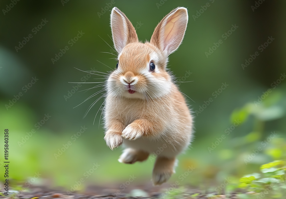 Fototapeta premium Little happy bunny with front paws raised