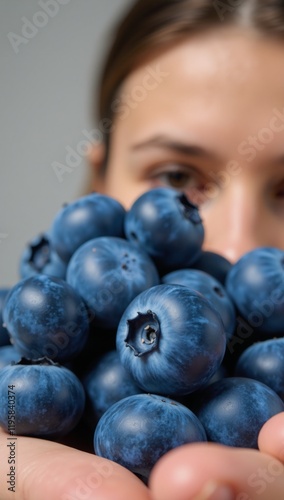 Close-up image showcasing fresh blueberries and a health-conscious individual veganvegetarian enjoying summers bounty in a macro texture detail photo