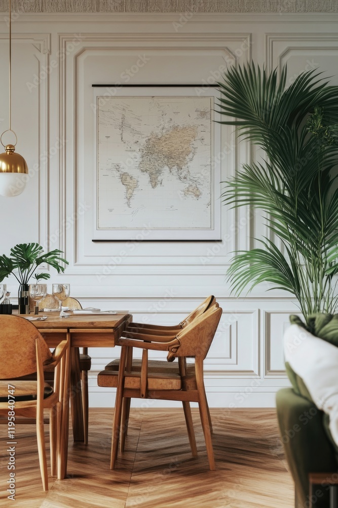 Fototapeta premium A modern dining room with wooden table and chairs. The space is accentuated by a lighting fixture, artwork on the wall, greenery from a plant, and gold decorative elements.