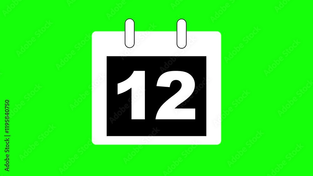 Calendar icon - day 12 animation, black and white Simple technology calendar with date concept on green background. Green background, Animated Calendar icon isolated .Time and date 12 , Date .