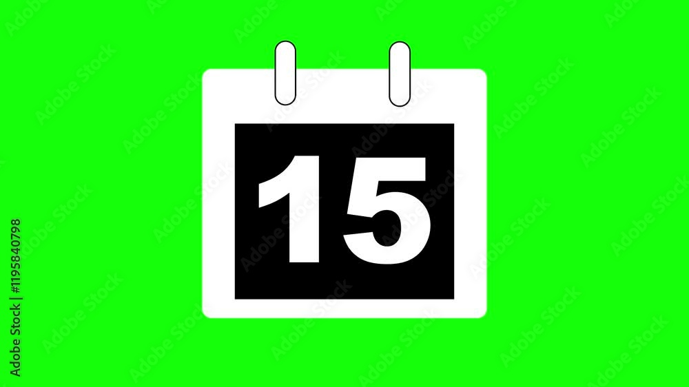 Calendar icon - day 15 animation, black and white Simple technology calendar with date concept on green background. Green background, Animated Calendar icon isolated .Time and date 15 , Date .