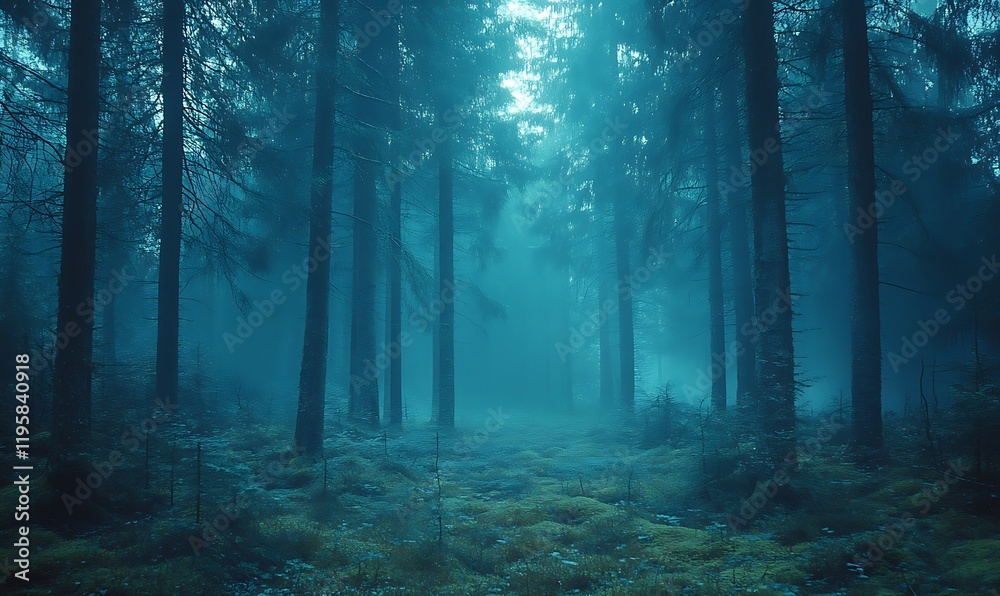 Fototapeta premium Blue Forest Aesthetic with Pine Trees in an Enchanting Analog Film Style