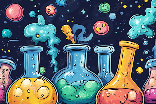 The image is a colorful illustration of several beakers filled with bubbling, glowing liquids of various colors photo