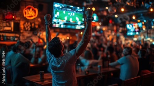 Man Celebrates Victory At A Sports Bar With Friends