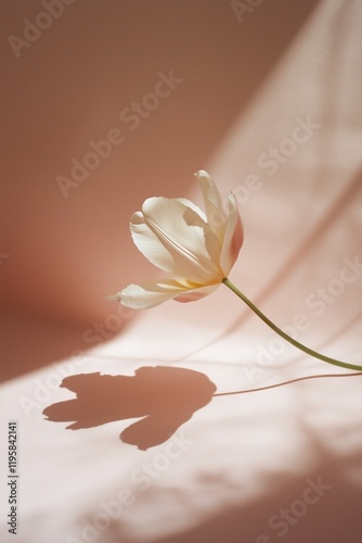 Delicate tulip flower, casting soft shadows on the pale pink wall behind it, creates an elegant and minimalist composition, copy space for text. Tranquility and romance concept. Women's Day postcard.