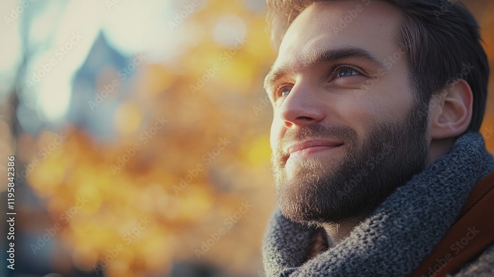 A man smiles at the camera, enjoying a fall day in the park. The autumn leaves create a warm and scenic backdrop. A man smiles at the camera, enjoying a fall day in the park. The autumn leaves create a warm and scenic backdrop.