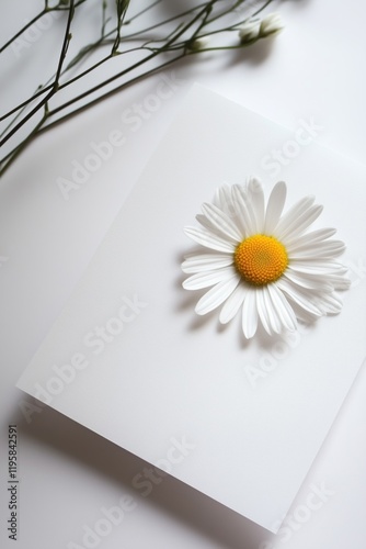 White greeting card with daisy flower on it, placed on table against white background in minimalistic style. Spring's aesthetic concept.