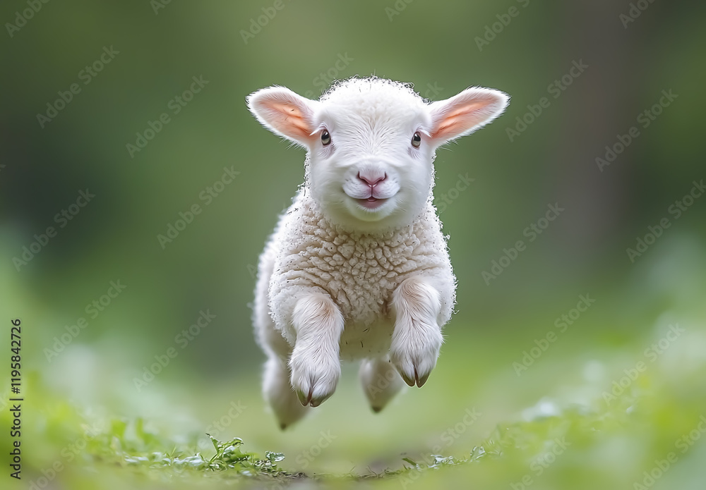 Fototapeta premium Funny lamb jumping. Cute farm animals