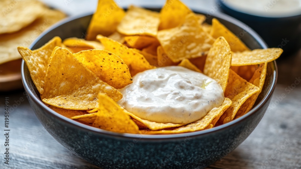 Tortilla chips and creamy dip in a bowl Tortilla chips and creamy dip in a bowl