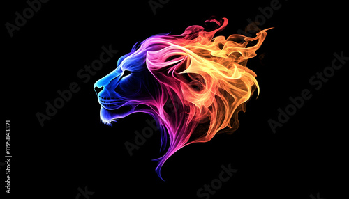 Lion, the head of a lion in a multi-colored flame. Abstract multicolored profile portrait of a lion head on a black background.