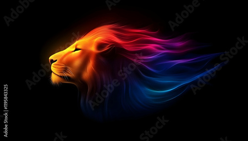 Lion, the head of a lion in a multi-colored flame. Abstract multicolored profile portrait of a lion head on a black background.