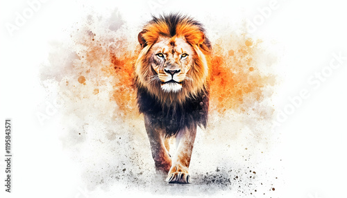 Lion walking. Watercolor style. Lion walking forward on a white background with watercolor.