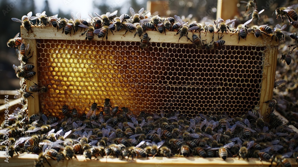 Bees covering honeycomb frame outdoors, apiary background, honey harvest Bees covering honeycomb frame outdoors, apiary background, honey harvest