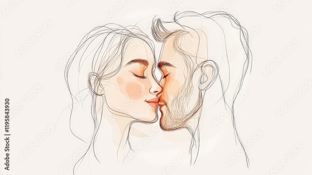 Abstract romantic kiss illustrated with flowing lines and geometric shapes in warm earthy tones representing passion connection and artistic modernism Abstract romantic kiss illustrated with flowing lines and geometric shapes in warm earthy tones representing passion connection and artistic modernism