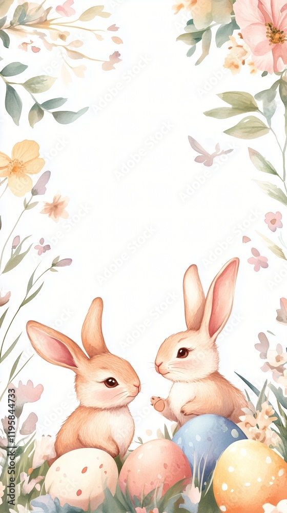 Obraz premium Cute Rabbits with Easter Eggs in a Floral Frame