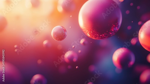 3d render of abstract art 3d background with surreal motion moving festive wavy party balls sphere particles liquid substance in blue purple yellow gradient color photo