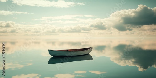 A solitary boat drifts peacefully on calm waters, surrounded by reflections of fluffy clouds and a pastel sky during early morning light