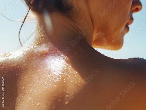 The image features a woman enjoying the sun at the beach, her skin glistening with sweat and her hair wet. She appears to be relaxing or tanning.