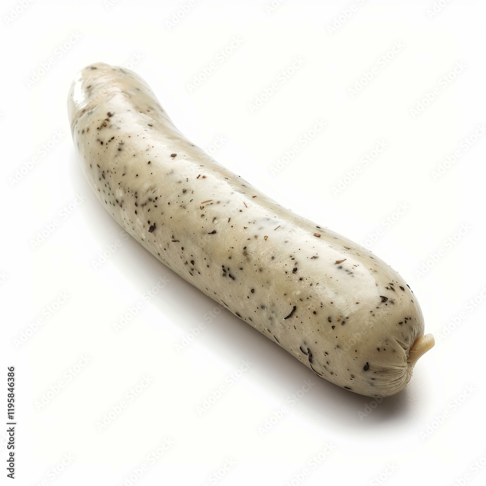 Close up of raw truffle sausage lying on white background, ready to be cooked Close up of raw truffle sausage lying on white background, ready to be cooked