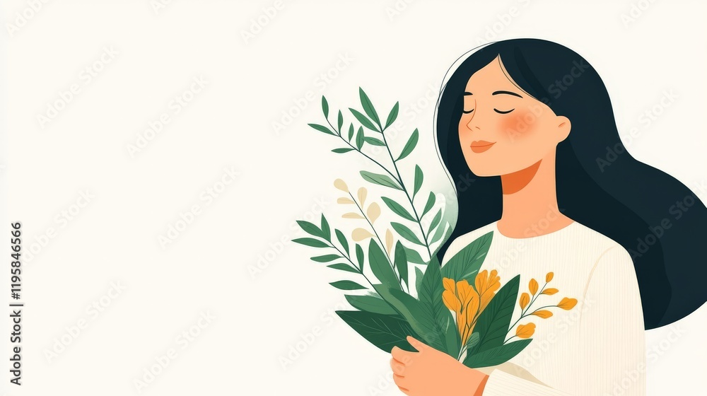 Minimalist illustration of a smiling woman holding a bouquet of greenery symbolizing eco consciousness natural harmony and sustainable living Minimalist illustration of a smiling woman holding a bouquet of greenery symbolizing eco consciousness natural harmony and sustainable living