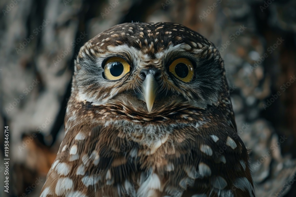 Close up portrait of a burrowing owl staring intensely with bright yellow eyes, perched against a blurred tree bark background Close up portrait of a burrowing owl staring intensely with bright yellow eyes, perched against a blurred tree bark background