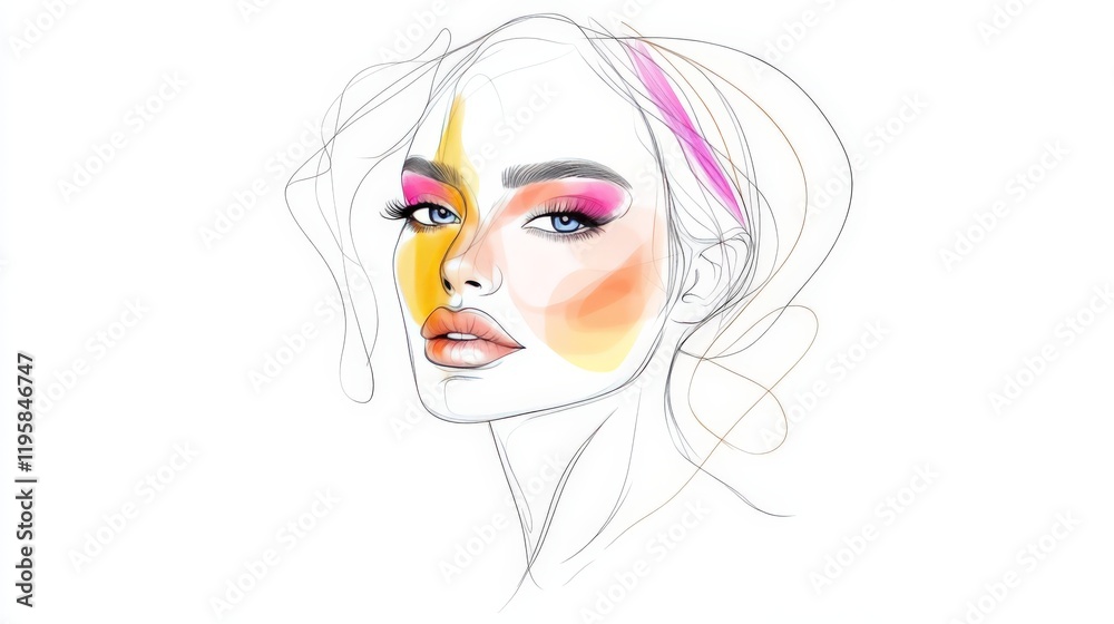 Stylized line art portrait of a confident woman with vibrant rainbow hued accents symbolizing individuality diversity and expressive creativity in a modern abstract form Stylized line art portrait of a confident woman with vibrant rainbow hued accents symbolizing individuality diversity and expressive creativity in a modern abstract form