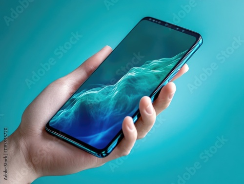 Person is holding a phone with a blue screen. The phone is a Samsung Galaxy S9