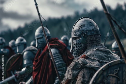 A group of Roman legionnaires with metal armor and weapons, ready for battle.