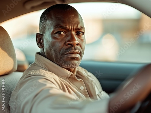 Man driving a car wearing uniform, possibly law enforcement officer. photo