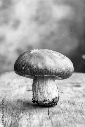 Mushrooms growing in woodland, close up of one with stem and cap