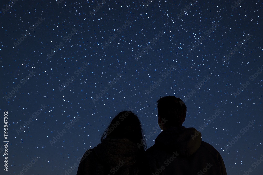 Obraz premium Under a clear night sky, two lovers gaze upwards, captivated by the enchanting display of countless stars shining brightly. The atmosphere is tranquil, creating a perfect moment of connection