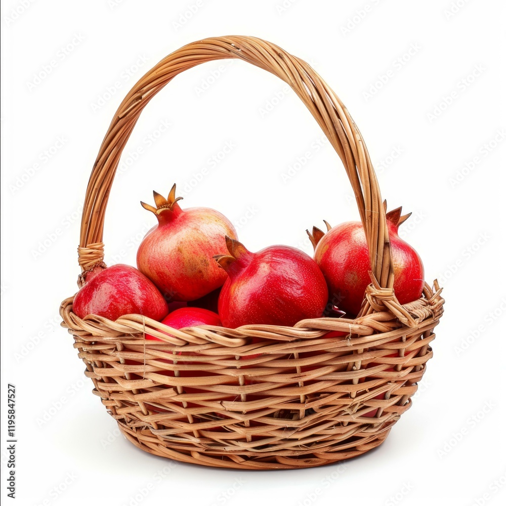Ripe pomegranates overflowing from a wicker basket, creating a vibrant display of color and texture Ripe pomegranates overflowing from a wicker basket, creating a vibrant display of color and texture